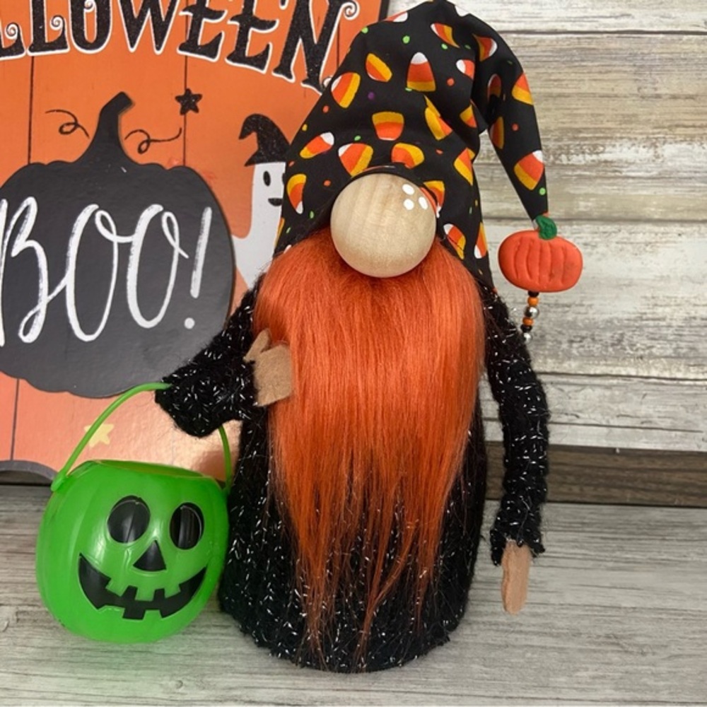 Halloween Gnome Handmade Candy Corn Orange Black Sweater Wood Tier Tray Decor